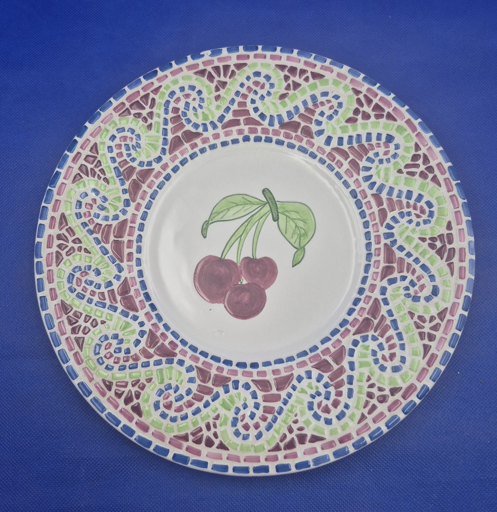 Vintage Lotus Cherries Mosaic Style Ceramic Plate Red Green White 10"